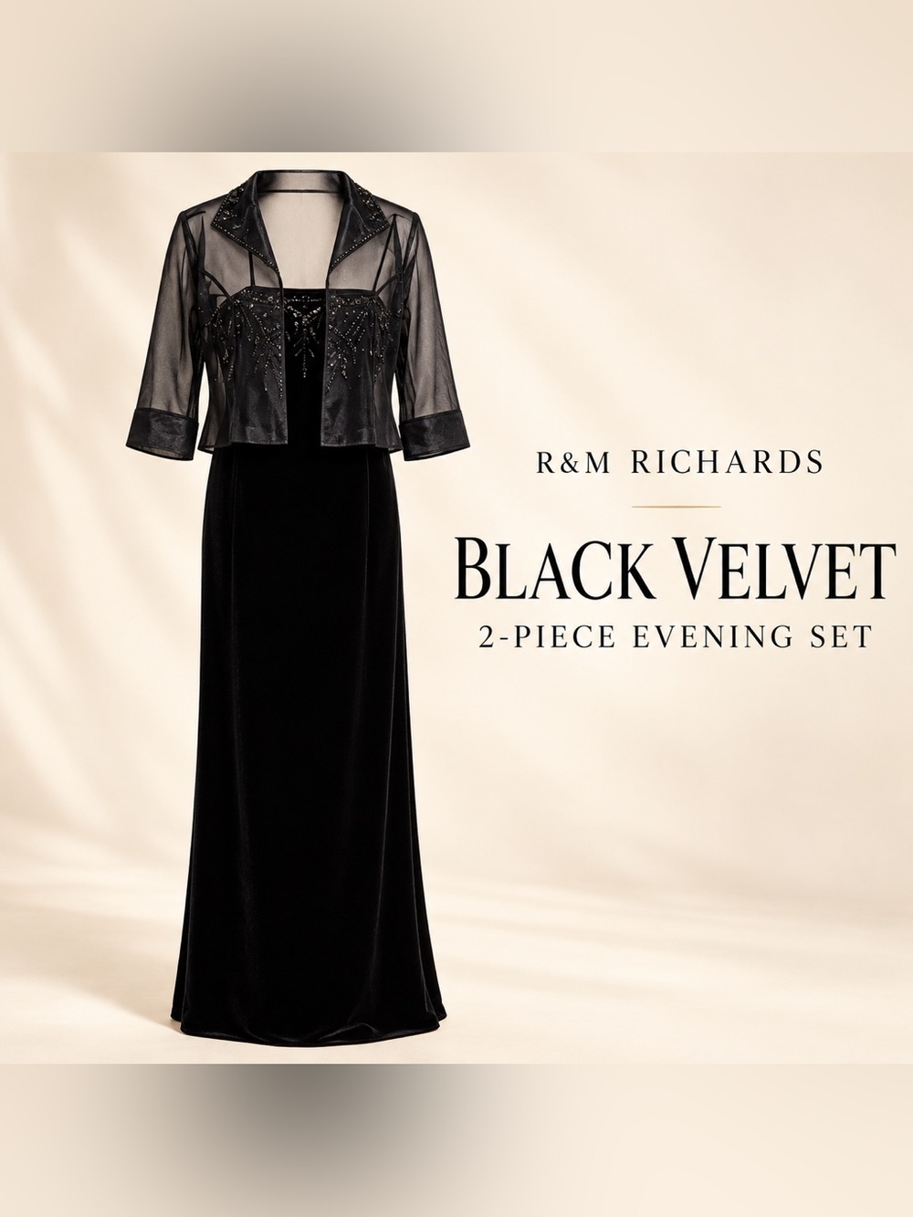 R&M Richards Black Velvet Maxi & Sheer Beaded Jacket Set size 8